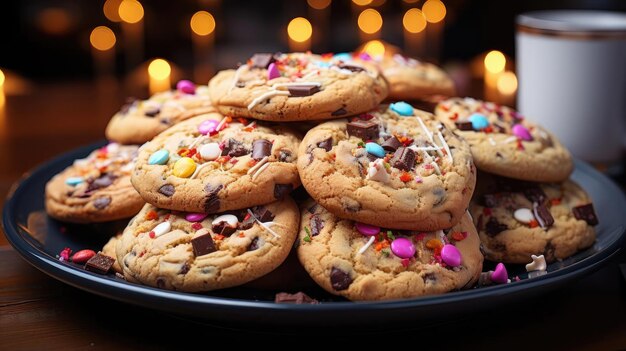 crispy cookies with chocolate topping on a plate with black and blur background