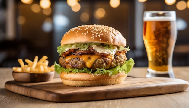 Crispy and delicious burger and glass of beer on wooden board Tasty fast food and drink