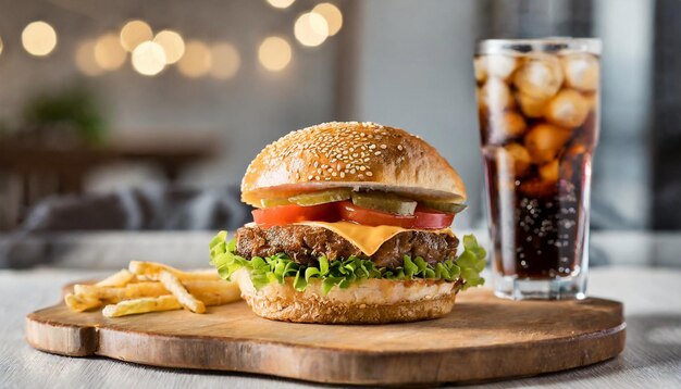 Crispy and delicious burger and glass of coke with ice on wooden board Tasty fast food and drink