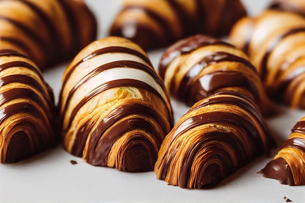 Crispy delicious croissant with chocolate sauce on white background