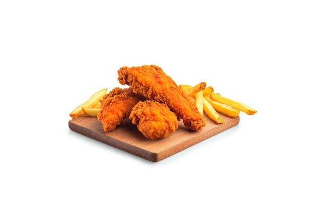 Crispy delicious fried chicken and french fries on a rectangular wooden board