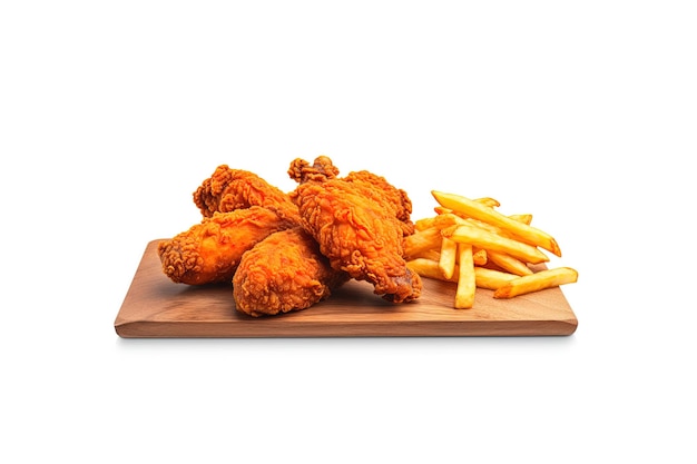 Crispy delicious fried chicken and french fries on a rectangular wooden board