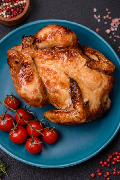 Foto crispy delizioso pollo intero al forno con verdure sale e spezie su uno sfondo di cemento scuro