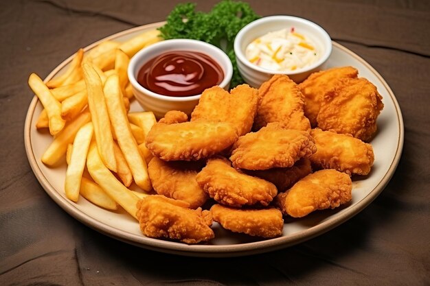 Crispy Delights Double the Fun with French Fries and Nuggets on a Paper Plate