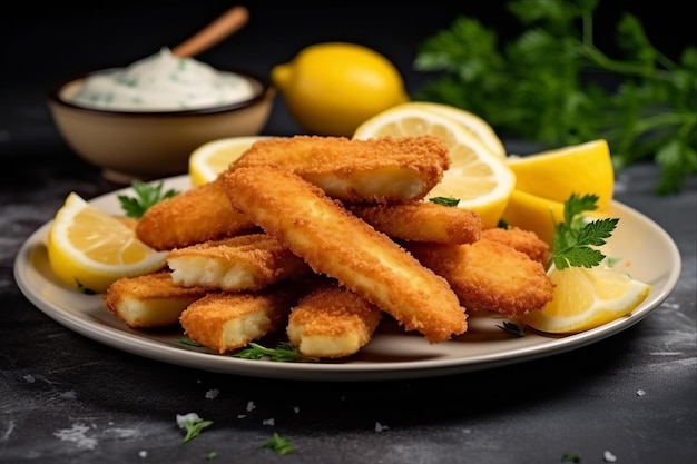 Foto delizie croccanti bastoncini di pesce fritti e patatine fritte servite con tagli di limone piccanti