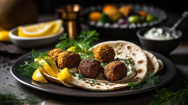 Foto polpette di falafel croccanti con hummus e pane pita