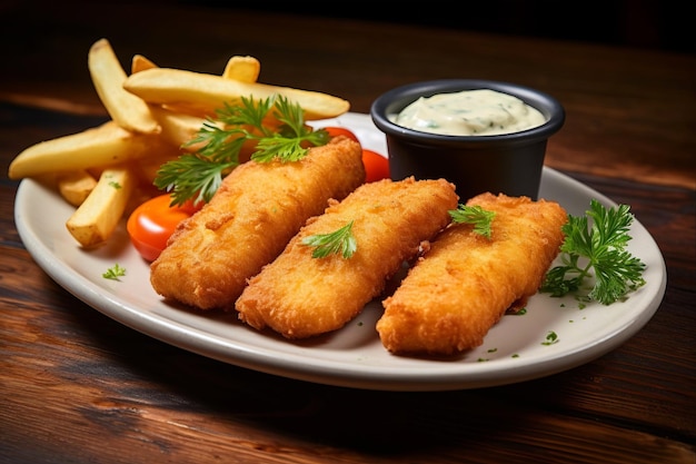 Crispy Fish Sticks Served with Vibrant Fresh Vegetables on a Rustic Wooden Table