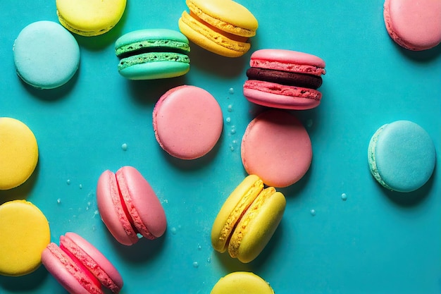 Crispy French dessert macaroons on turquoise background