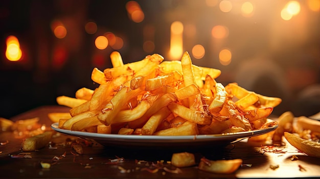 Crispy french fries crunchy salty tasty with cinematic light and blur background