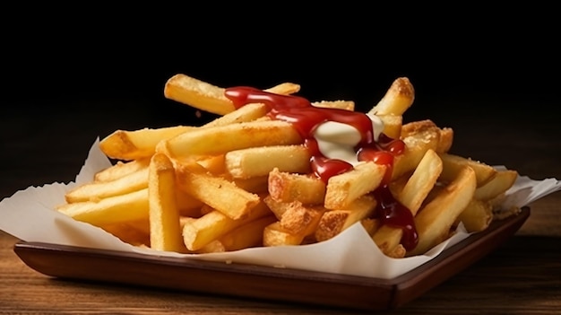 crispy french fries with ketchup and mayonnaise