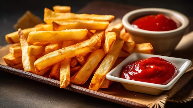 crispy french fries with ketchup and mayonnaise