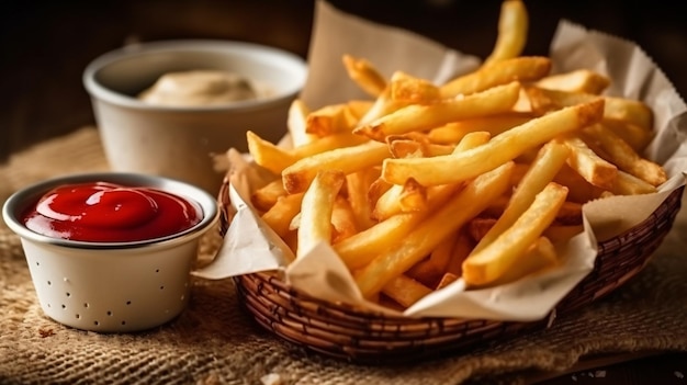 crispy french fries with ketchup and mayonnaise