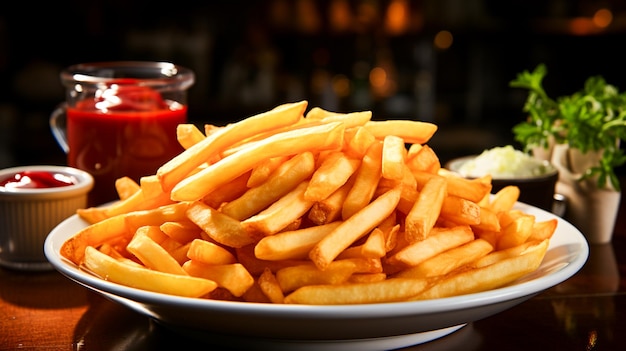 Crispy French fries with ketchup and sauce on bowl