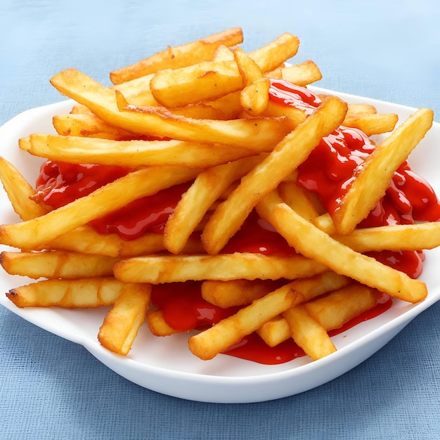 Crispy french fries with ketchup and sauce