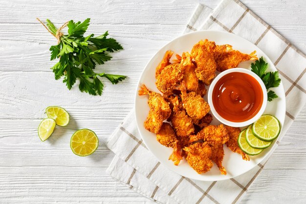 Crispy Fried Butterfly Shrimp on a white plate