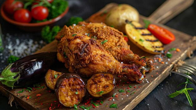 Crispy fried chicken accompanied by grilled potatoes eggplants tomatoes and peppers