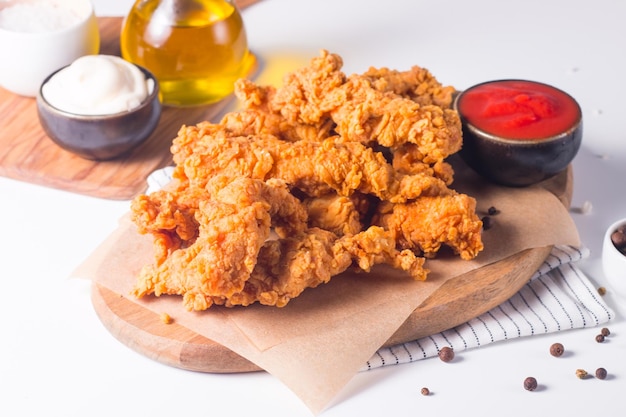 Crispy fried chicken breast strips with sauce