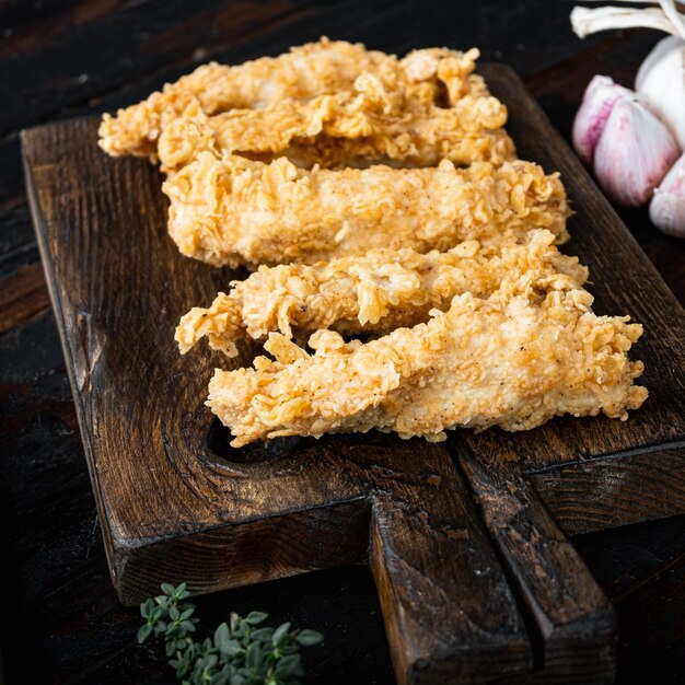 Crispy fried chicken broast cuts on old dark wooden table.