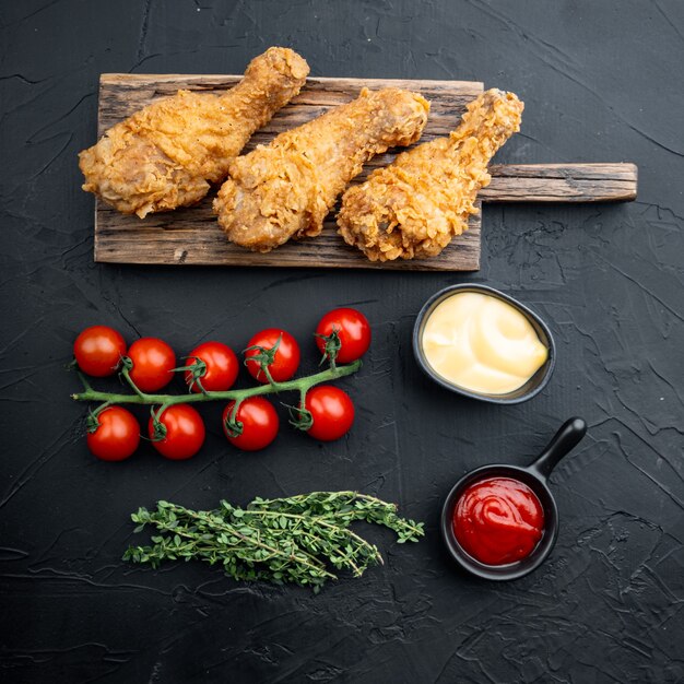 Crispy fried chicken cuts on black