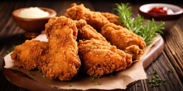 Crispy Fried Chicken Meal with Delicious Sauce on Wooden Background