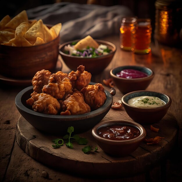 Crispy fried chicken on the middle of mixed color background