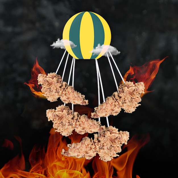 Photo crispy fried chicken nuggets flying in a hot air balloon over fire flames isolated on black cloudy background