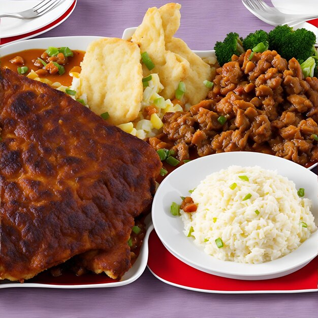 Photo crispy fried chicken nuggets served with rice and sauces