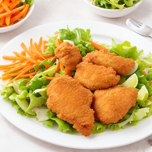 Crispy fried chicken on a plate with salad and carrot sticks