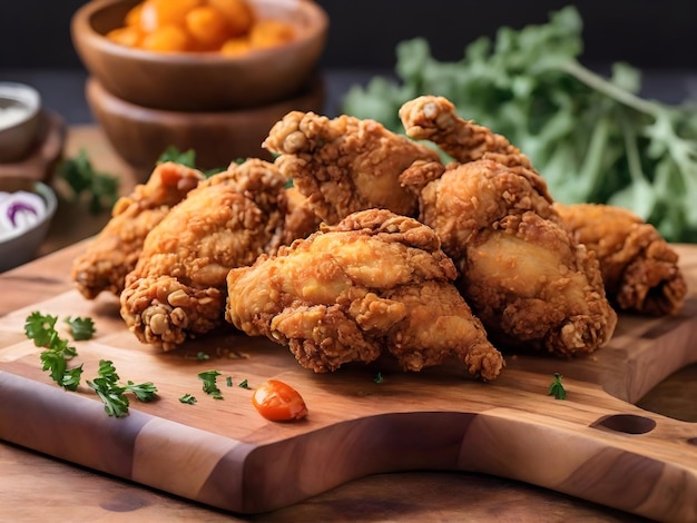 Crispy Fried Chicken Presented on a Wooden Cutting Board