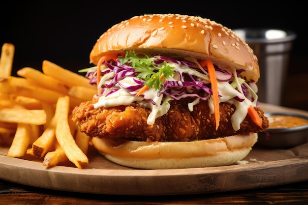 Crispy Fried Chicken Sandwich Served With Coleslaw Generative AI