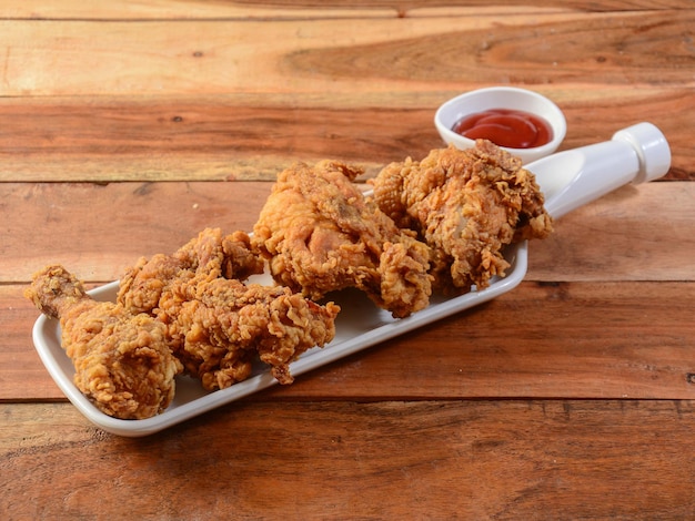 Photo crispy fried chicken served on rustic wooden background dishes and appetizers of indian cuisine selective focus