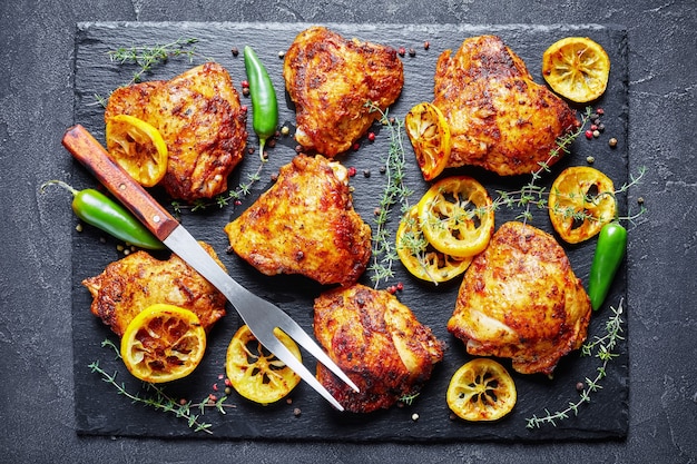 Crispy fried Chicken Thighs With Roasted Lemon Slices and thyme on a black stone board on a concrete table, view from above, flatlay, close-up