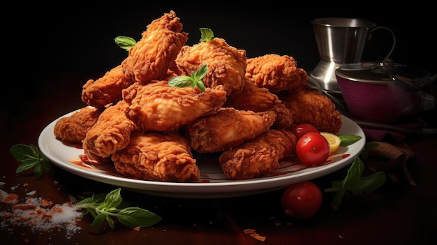 Crispy fried chicken with sweet and sour sauce on a wooden table with a blurred background