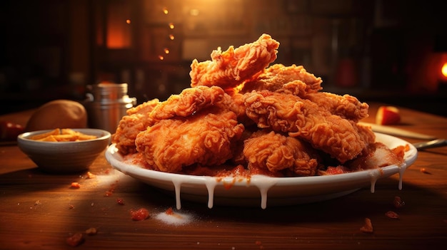 Crispy fried chicken with sweet and sour sauce on a wooden table with a blurred background