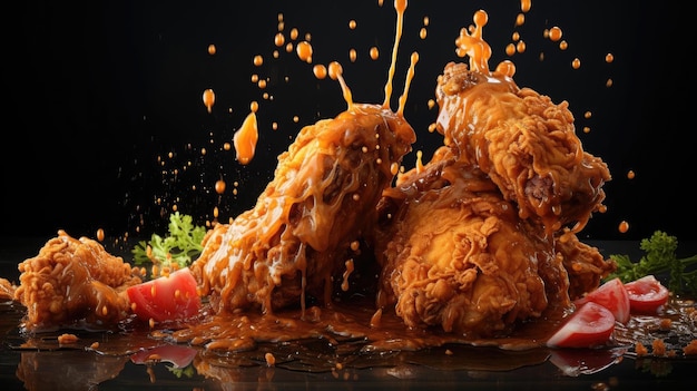 Crispy fried chicken with sweet and sour sauce on a wooden table with a blurred background