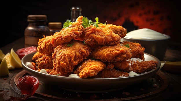 Crispy fried chicken with sweet and sour sauce on a wooden table with a blurred background