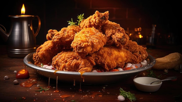 Crispy fried chicken with sweet and sour sauce on a wooden table with a blurred background