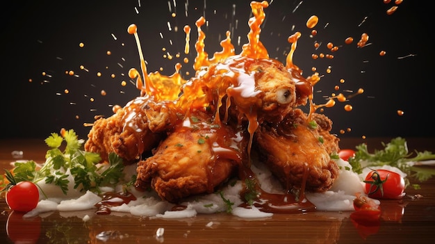 Crispy fried chicken with sweet and sour sauce on a wooden table with a blurred background