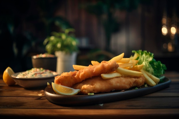 Crispy fried fish strips with french fries on rustic wooden table AI generated