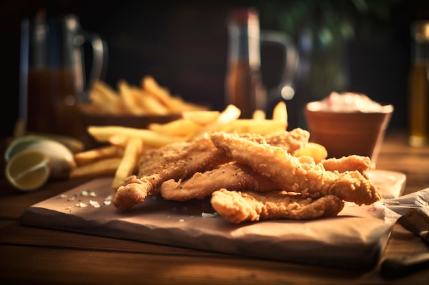 Crispy fried fish strips with french fries on rustic wooden table AI generated