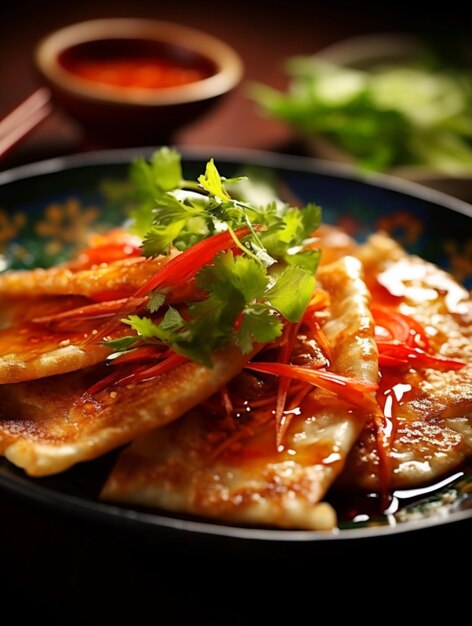 Crispy fried pancakes served with chili vegetables and dipping sauce