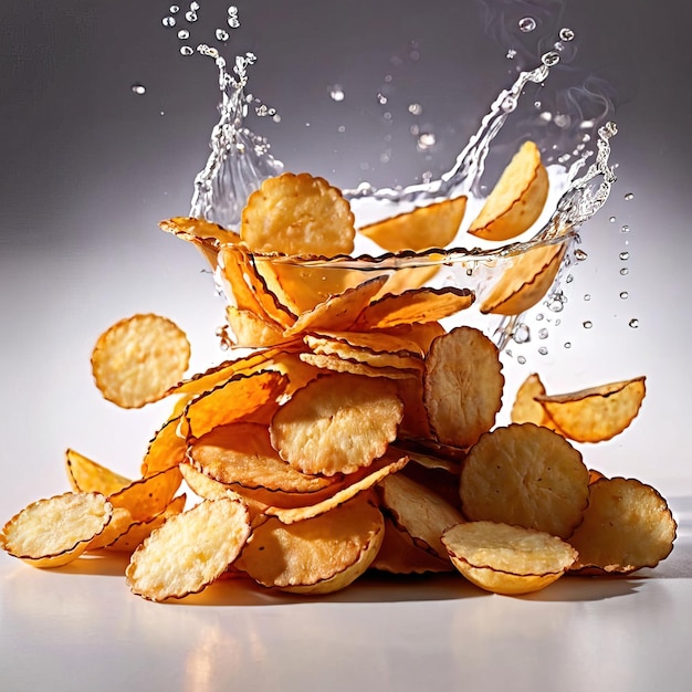 Photo crispy fried potato chips popular snack dynamic food photo