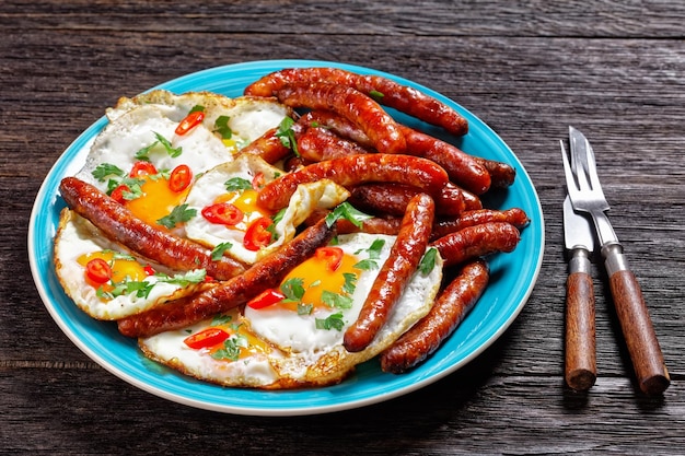 Crispy fried sausages with fried eggs on a plate on a wooden table, horizontal view from above, mexican cuisine