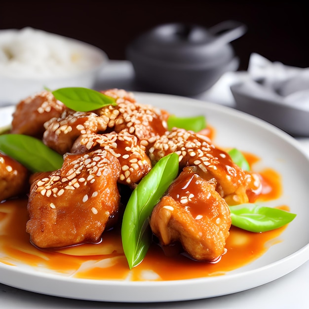 Crispy fried sesame chicken in galbi sauce with pickled radish plate food picture wallpaper photos