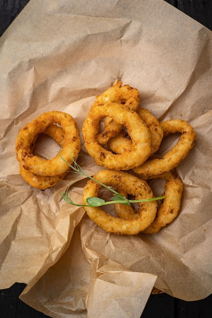 Crispy Fried Squid Rings. On a dark background