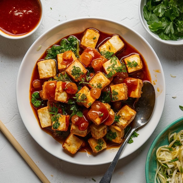 Foto tofu fritto croccante con salsa dolce e acida