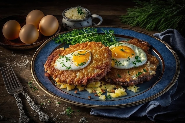 カリカリ黄金ポテトパンケーキ ミートカツチーズと卵添え