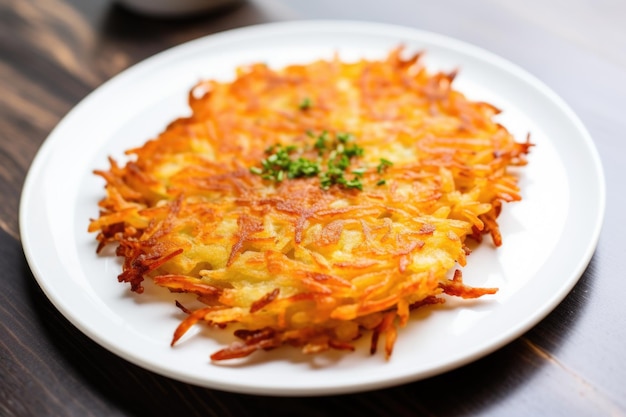 A crispy hash brown on a clean white plate