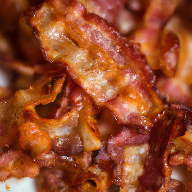 Crispy hot fried bacon pieces closeup