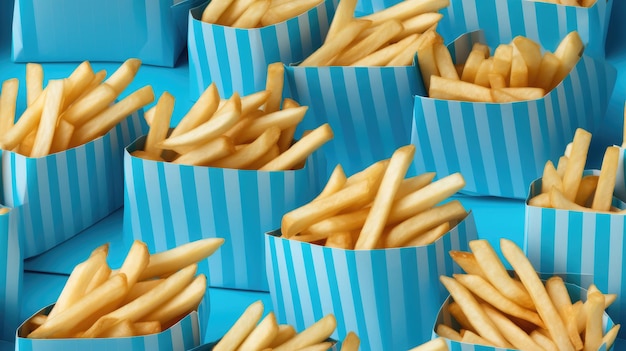 Фото Хрустящий индульгент верхний вид картофеля фри в бумажных коробках на синем фоне, образующий бесшовный и художественный кулинарный дизайн